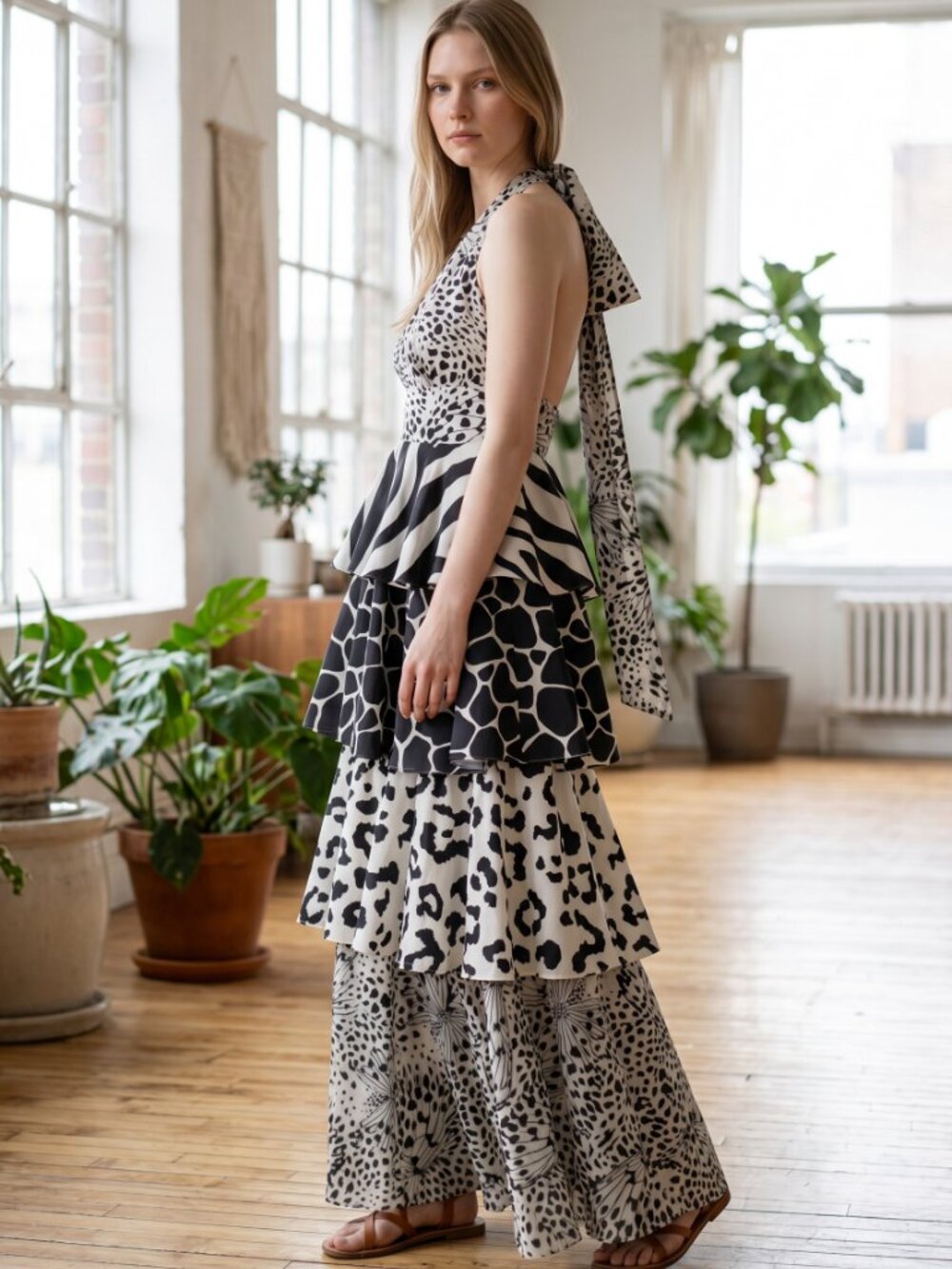 NWT The Tellier Samba Black & White Colombian Ruffle Tiered Animal Print Dress S